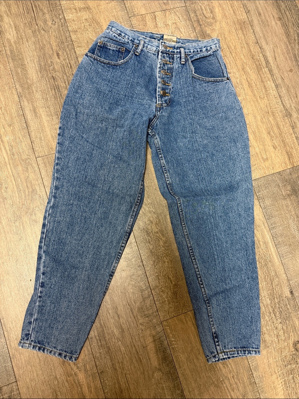 Vintage 90s High-Rise Button-Fly Barrel Style Mom Jeans - Blue Denim